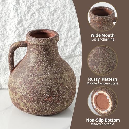 Ceramic Flower Rustic Vase, 7.1 Inch Farmhouse Rusty Vases for Home Decor Handcrafted Pottery Vase Small Terracotta Vases for Dining Table Decor Fireplace Living Room Bathroom Wedding Centerpiece - color: 204-2-7.1in