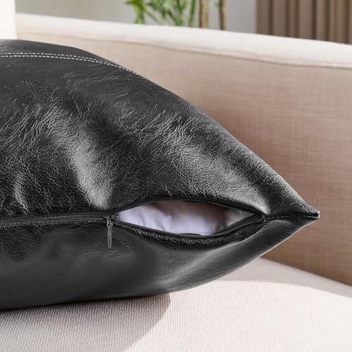 Fancy Homi 2 Packs Black Lumbar Faux Leather Decorative Throw Pillow Covers 12x20 Inch for Living Room Couch Bed Sofa, Boho Farmhouse Home Decor, Hand Stitched Rectangle Cushion Case 30x50 cm - color: Black, size: 20" x 12" (Pack of 2)