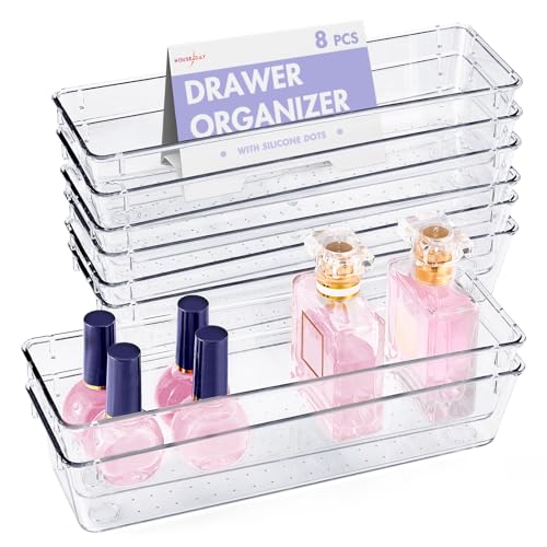 HOUSE DAY Desk Drawer Organizer Bins 8 PCS, 9*3*2" Clear Drawer Organizers with Silicone Pads, Vanity Organizers and Storage, Non Slip Plastic Drawer Organizer for Makeup, Bathroom, Kitchen, Office - size: 8 Pack -9x3x2''