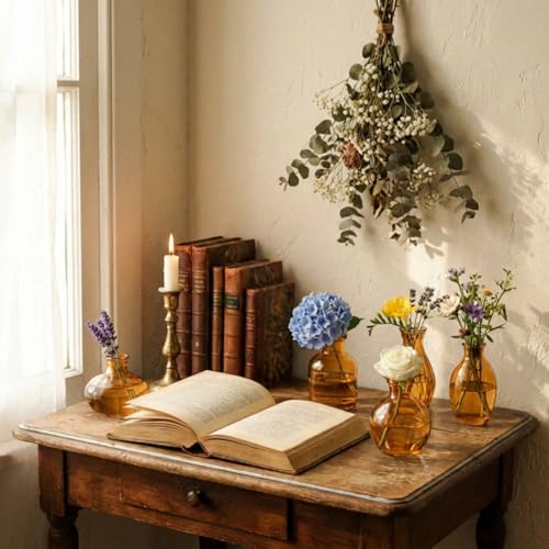 Glass Bud Vases Set of 6, Small Gold Amber Flower Vases for Wedding Centerpiece Vintage Mini Glass Flower Bottles for Floral Arrangement Party Home Office Dining Table Decor - color: Gold Amber