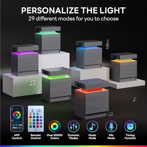 LIKIMIO Night Stand with Charging Station, Modern Grey Nightstand with LED Light and Drawers, Bedside Tables/End Table for Bedroom - color: Grey