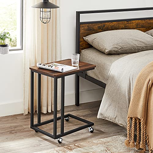 VASAGLE End Table, C Shaped TV Tray with Metal Frame Rolling Casters, Industrial Side Table for Living Room Bedroom, 19.7 x 13.8 x 23.6 Inches, Dark Walnut and Black - color: Dark Walnut + Black