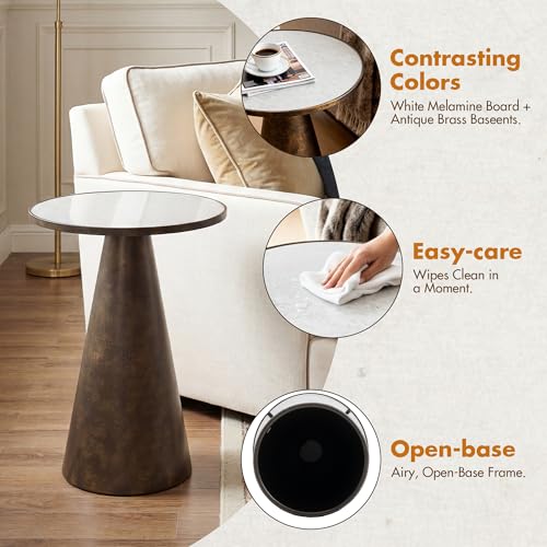 Hyfirm Antique Brass Pedestal End Table with Faux White Marble Top, 16x16x23 Round Drink Table for Living Room, Vintage Industrial Metal Side Stand for Couch & Accent Chairs in Small Spaces