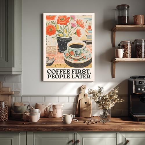 GELDSTEI Framed Retro Coffee Wall Art, Vintage Cafe Wall Decor, Coffee First People Later Canvas Painting, Classical Cafe Bar Poster Print for Kitchen Dining Room Home Office Ready to Hang 16x24 Inch - color: Retro, size: 24"L x 16"W