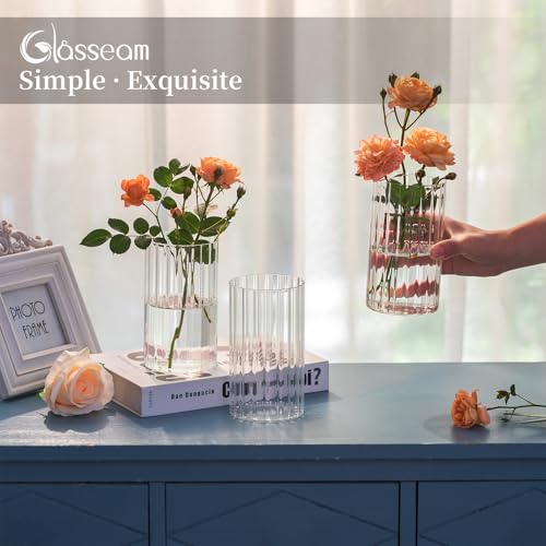Glasseam Hurricane Glass Candle Holders: Set of 6 Cylinder Clear Candle Holders for Pillar Candles Ribbed Modern Candle Holder Decorative Cylinder Vases for Centerpiece Wedding Table Decoration 5.91’’ - color: 6, size: Ribbed-6in