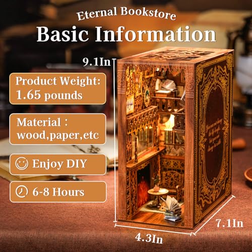 Cutefun Book Nook Kit Library, DIY Miniature Booknook Kit for Adults, 3D Wooden Puzzle Bookend Bookshelf Decor with LED Light & Dust Cover Christmas Crafts Gifts for Book Lovers (Eternal Bookstore) - style: Eternal Bookstore