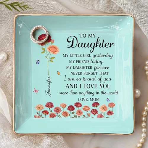 To My Daughter Jewelry Dish, Custom Jewelry Tray for Mothers Day, Daughter Gifts from Mom, Ceramic Ring Dish with Birth Month Flower, 1st Mother's Day Birthday Gifts for Daughters - color: Style 5