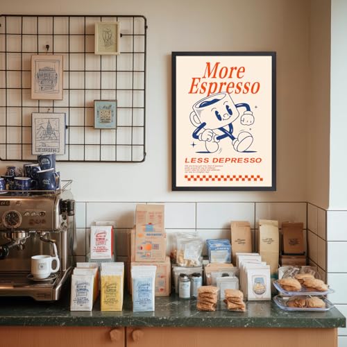 GELDSTEI Wood Framed Cute Coffee Wall Art, More Espresso Less Depresso Wall Decor, Funny Coffee Bar Aesthetic Picture, Vintage Cafe Bar Poster Print, Retro Cafe Cup Canvas Painting for Kitchen 12x16 Inch - color: Cartoon(Wood), size: 16"L x 12"W