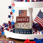 CroBlissful 4 Pcs 4th of July Decorations Patriotic Memorial Day Tabletop Decoration Red White Blue Table Centerpieces 250th Anniversary Wooden Fourth of July Sign for Office Tiered Tray Home Shelf - style: Independence