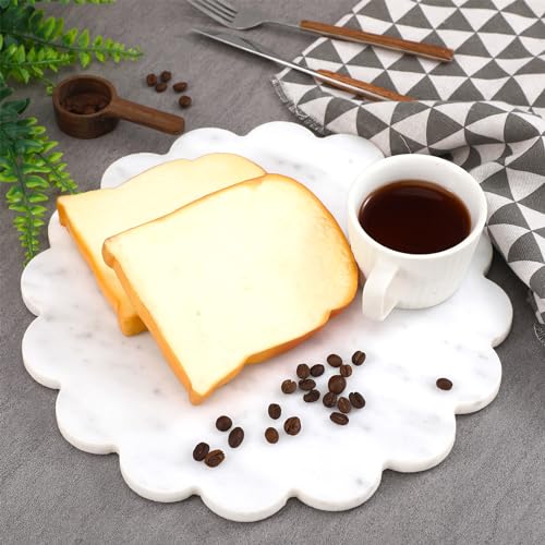 Newtay 12 Inches Marble Cutting Board Round Marble Tray White Scalloped Board with Non Slip Decorative Pastry Tray for Kitchen Pizza Cake Bread Baking Cheese Display