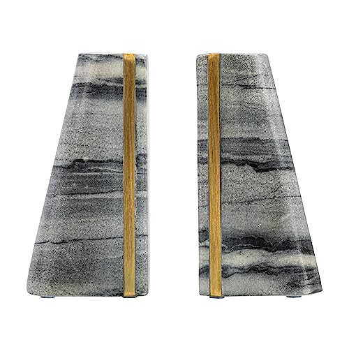 Main + Mesa Modern Marble Bookends with Brass Detail, Set of 2, Grey - color: Black