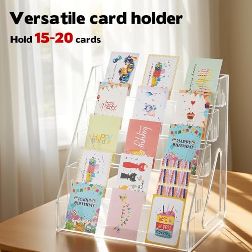 5 Tier Acrylic Card Display Stand(Tall Height), Clear Display Shelf Desktop for Trading Cards, Sports Cards, Greeting Card, Stickers & Brochures, Easy Clip-On Design - color: Clear