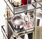 Hersoo 360 Rotating Glass Makeup Organizer, Spinning Vanity Cosmetic Storage with Multi-Layer Compartments, Luxury Countertop Rotating Makeup Holder for Skincare, Perfume, Cosmetics - color: Brass