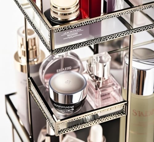 Hersoo 360 Rotating Glass Makeup Organizer, Spinning Vanity Cosmetic Storage with Multi-Layer Compartments, Luxury Countertop Rotating Makeup Holder for Skincare, Perfume, Cosmetics - color: Brass
