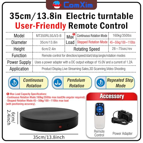 360 Rotating Platform,13.8Inch/35cm Remote Motorized Turntable,400lbs Capacity Motorized Rotating Display Stand Photography Turntable motorized lazy susan Heavy Duty Turntables for Photography,3D Scanner - size: 13.8inch/Black/400Lbs Load