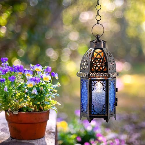 Vintage Candle Lantern, 12.8’’ Moroccan Style Decorative Metal Hanging&Tabletop Lantern, Ramadan Christmas Candle Holder Decorations for Home Outdoor Patio (Blue) - color: Blue - 12.8''h, size: Large