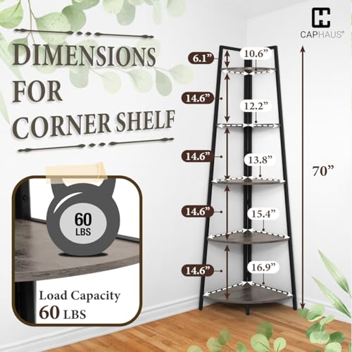 CAPHAUS Tall Corner Shelf Stand, 5-Tier Display Shelves, Ladder Corner Wood Storage Plant Bookshelf with Metal Frame, Versatile Shelving Unit Bookcase for Home Office Space, Dark Grey - color: Dark Grey, size: 5-Tier