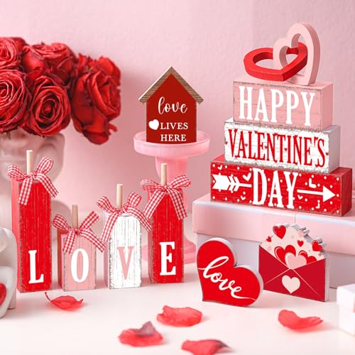 Vercraft 11 Pcs Valentine's Day Table Decorations Red Heart Tiered Tray Decor Love Centerpiece Pink Wooden Books Home Table Top Decor for Wedding Party Supplies - style: Love