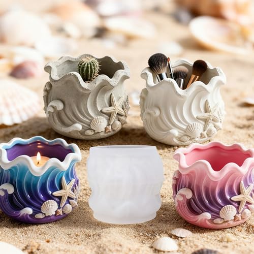 1Pc Blue Wave-Patterned Resin Casting Silicone Jar Mold Ocean-Themed Seashell Candle Silicone Mold for Home Decoration Candlesticks Flower Pots Plaster Cement Concrete Epoxy Storage Boxes - color: Blue Wave Resin Mold