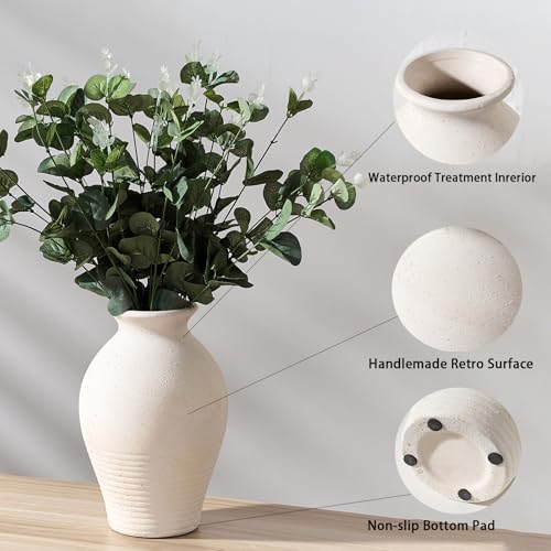 LUKA Ceramic Rustic Farmhouse Vase, 9.2 inch Whitewashed Terracotta Vase, Pottery Decorative Vases,Clay Decorative Vases for Home Decor, Table, Living Room, Shelf, Mantel Decoration(Off-White) - color: Off-white