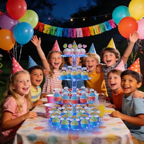 YestBuy 4 Tier Round Cupcake Stand – Premium Cupcake Holder – Acrylic Cupcake Tower Display- Cady Bar Party Décor + LED Light String – Ideal for Weddings, Birthday Parties & Events (Blue) - color: Blue, size: 4 Tier Round
