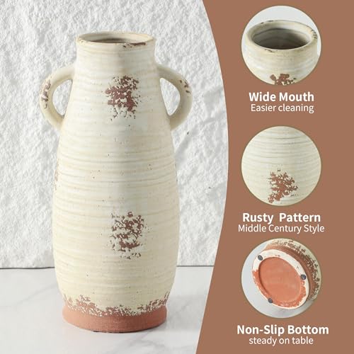 Ceramic Flower Vase with Handles, 12.3 Inch Tall Vase for Centerpieces, Large Decorative Terracotta Vases, Farmhouse Rustic Vases for Home Decor, Living Room, Table, Neutral - color: 203-3-12in