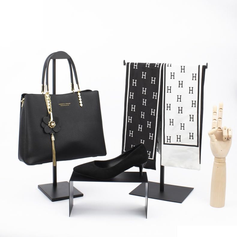 Purse Display Stand T Shaped, Countertop Jewelry/Scarf/Handbag T-Bar Display Stand, Tabletop Double Hook Hanging Stands for Long Necklaces, Metal with Adjustable Height - Black - color: Black