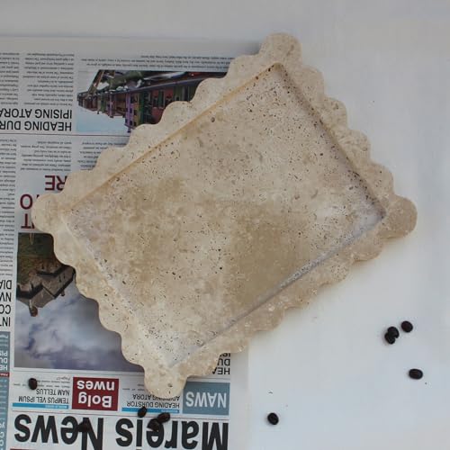 Natural Luxury Scalloped Marble Tray 10.8"x8", Rectangle Vanity Tray for Bathroom Kitchen Counter, Decorative Tray for Dresser Home Decor - Beige Travertine - color: Beige Travertine