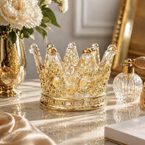 Luxury Crown Glass Candle Holder - Gold Votive Holder for Candles, Jewelry, Floral or Vanity Decor - Elegant Gift for Women
