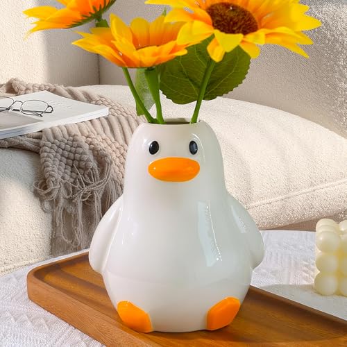 Mougigi Unique Duck Vase - Cute White Ceramic Handcrafted Piece with Round Modern Design, Funky Aesthetic Table Decor for Flowers/Accessories, Cool Animal Goose-Themed Art Vase Great for Decor Gifts - color: Fat Duck Vase