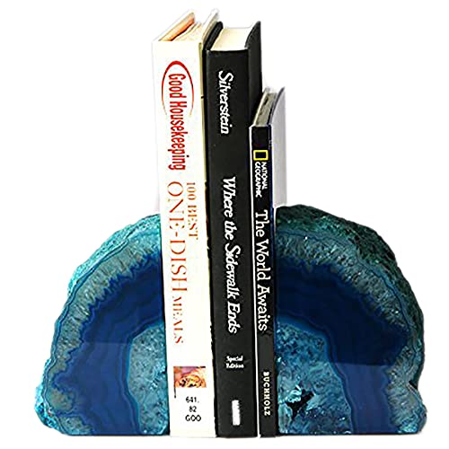 AMOYSTONE Bookends Agate Decorative Book Ends for Shelves Heavy Duty Crystal Stone Bookends Dyed Teal with Rubber Bumpers 1 Pair, 3-4 LBS - color: Dyed Teal, size: 3-4LBS