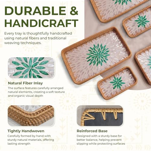 Set of 3 Rattan Serving Trays with Mother of Pearl Inlay – Handwoven Boho & Modern Farmhouse Decor for Kitchen, Bathroom, Coffee Table & Ottoman - style: Rattan Trays with Mother of Pearl Inlay