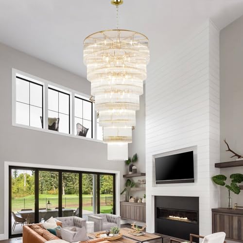 Extra Large Long Brass Chandelier for High Ceiling H68 Modern 7 Tiers Glass Staircase Chandelier Foyer Entryway Lighting Pendant Light Fixture for Grand Living Room Stairway Hall - size: XL Brass (39" x 68")