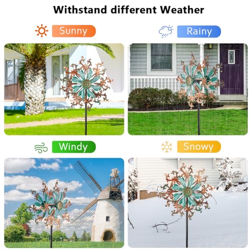 Viveta Wind Spinners Outdoor, Metal Wind Sculptures for Yard and Garden,13 * 57 "Double Windmill with Stable Stake - color: 2-copper Green-b