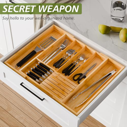 Bamboo Kitchen Silverware Drawer Organizer - Expandable Wood Utensil Holder with Dividers, Luxury Cutlery Storage Tray for Kitchen Utensil and Flatware (5-7 Slots with Removable Knife Block, Natural) - color: Natural