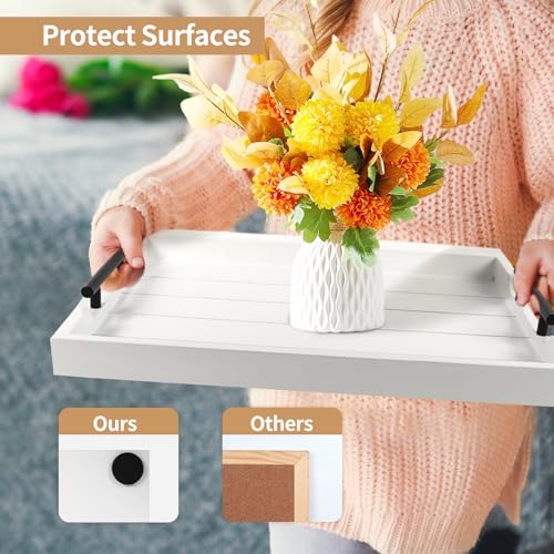 SXNOWS Coffee Table Tray - Large Ottoman Tray for Living Room - Wood Serving Tray with 2 Sets of Handles - Wooden Tray for Coffee Table, 4 Round Coasters Included, White - color: White