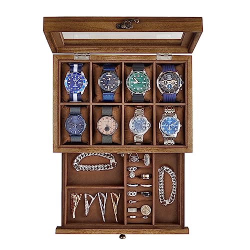 SONGMICS 8-Slot Watch Box, 2-Tier Watch Display Case with Large Glass Lid, Removable Watch Pillows, Velvet Lining, Jewelry Box, Gift Idea, Rustic Walnut UJOW008K01 - color: Rustic Walnut, size: 2 Layer 8 Slot