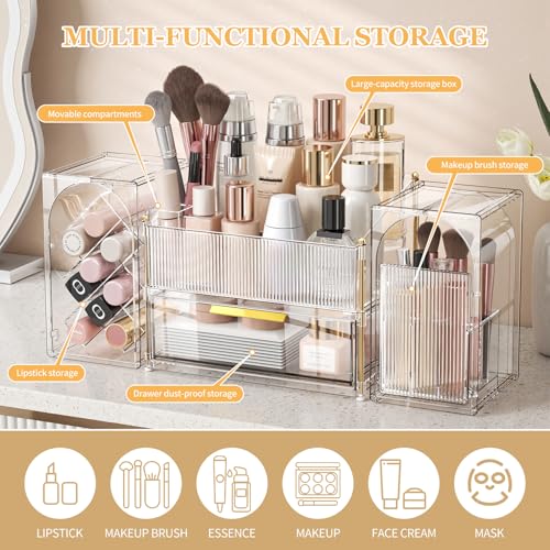 INVSSENE Stackable Makeup Organizer Countertop, Storage Perfume Skincare Cosmetic Lipstick Face Mask Makeup Brush Palettes, Ideal for Vanity Bathroom Counter - color: 3516 Clear