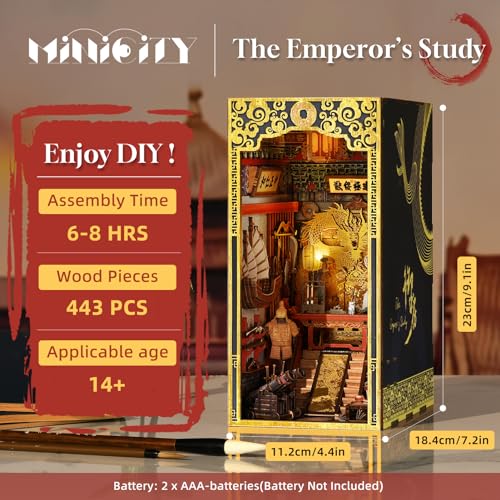 MiniCity DIY Book Nook Kit for Adults, 3D Wooden Puzzle Bookend Bookshelf Insert Decor with LED Light and Dust Cover (The Emperor's Study) - style: The Emperor's Study