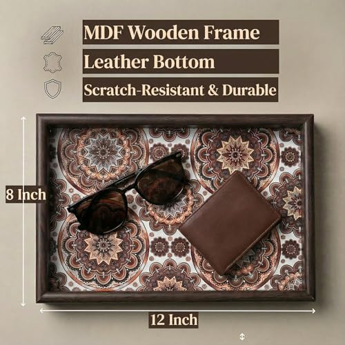 Zosenley Wooden Valet Tray with Leather Base - Nightstand Catchall Organizer for Cologne, Perfume, Keys, Wallet, Phone, Watch, Jewelry & Sunglasses (Bohemian) - color: Bohemian