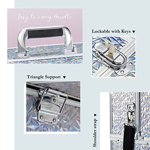 Joligrace Makeup Train Case Large 6 Tray Professional Organizer Box - Cosmetic Make Up Carrier with Lock & Key Carrying Strap for Studio Artist & Stylist Silver - Holographic Iridescent Style - color: Holographic