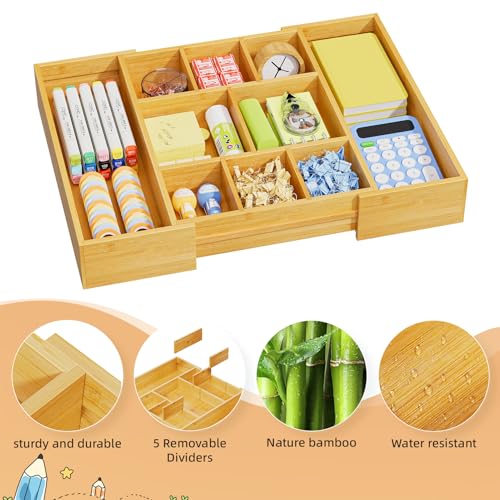 Marbrasse Bamboo Expandable Drawer Organizer, Desk Drawer Organizer Tray with 5 Dividers, Desk Organizers and Accessories, 10 Adjustable Compartments for Office Supplies, Junk, Makeup & Vanity