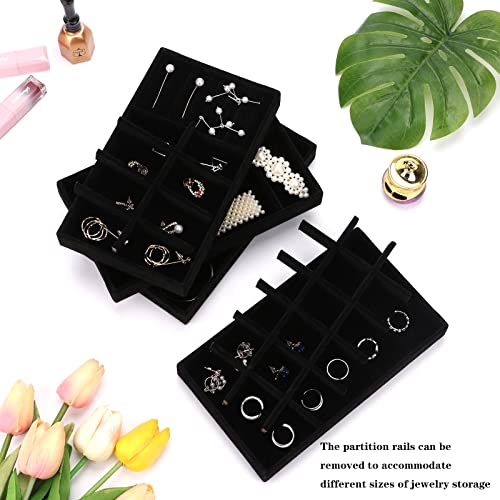 Stackable Jewelry Organizer Trays for Drawer, Set of 4 Velvet Jewelry Drawer Inserts in Dresser, 8in Storage Display Case for Rings Stud Necklaces Accessories(Black) - color: Black