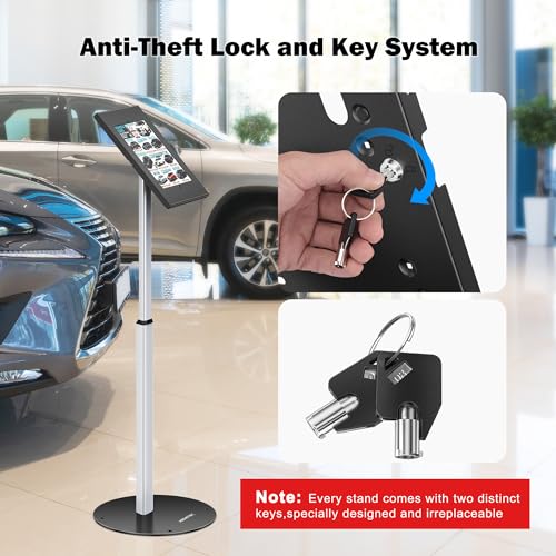 AboveTEK Anti Theft iPad Floor Stand, Robust Security Kiosk POS Tablet Stand, Height Adjustable Secure Holder Enclosure w/Lock and Key Mechanism for iPads/iPad Air/iPads Pro, Ideal for Retail Business - size: 9.7"/10.2"/10.5" iPad