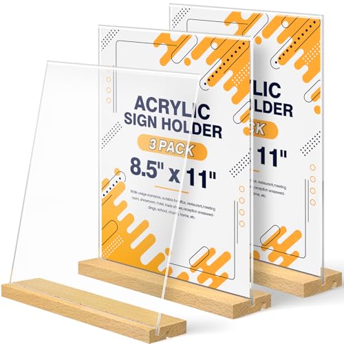 8.5 x 11 Acrylic Sign Holder with Wood Base - Tabletop Display Menu Stand - Clear Plastic L/T Shape Vertical or Slant Back Paper Holders - 3 Pack - style: 8.5x11in 3pack