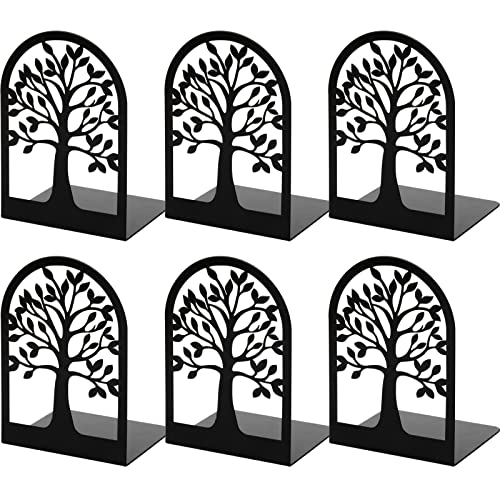 Happyhapi Book Ends, Metal Book Ends to Hold Books, Tree Decorative Bookends for Shelves, Black Book Stopper Bookend for Heavy Books, Book Holder for Shelf Home Office, 6.8 x 4.7 x 3.5(3 Pair/6 Pcs)