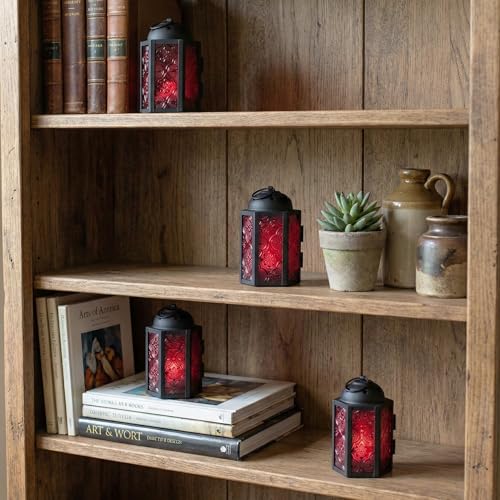 VELA LANTERNS Mini Moroccan Tea Light Candle Holder Lanterns – 4.25" Small Decorative Lantern for Table or Hanging, Metal with Glass Panels – Ramadan, Wedding, Home Decor, Ruby Red (Set of 4) - color: Ruby Red