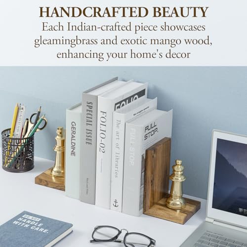MyGift Decorative Chess Bookends Heavy Duty Mango Wood and Brass Tone Metal King and Queen Chess Pieces Design Bookend Shelf Decor - Handcrafted in India