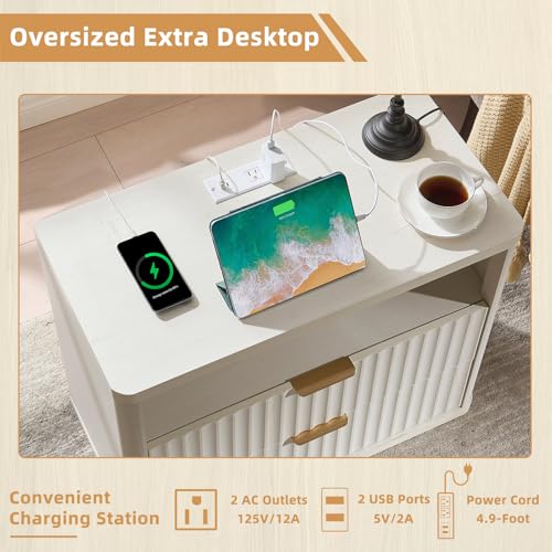 LEYAOYAO 31" Wide Fluted Nightstand with Charging Station, Oversized Extra Large 2 Drawers Night Stand,White Wood Bedside Table,Tall Bed Side End Tables,Modern Chest of Drawers Dressers for Bedroom - color: White, size: 2 Drawers