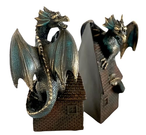 Bellaa 28670 Decorative Bookend Dragon Bookshelves Decor Heavy Duty Non Skid Vintage Antiques Classic European Medieval Aesthetic Winged Guardian Protect Prosper Peace